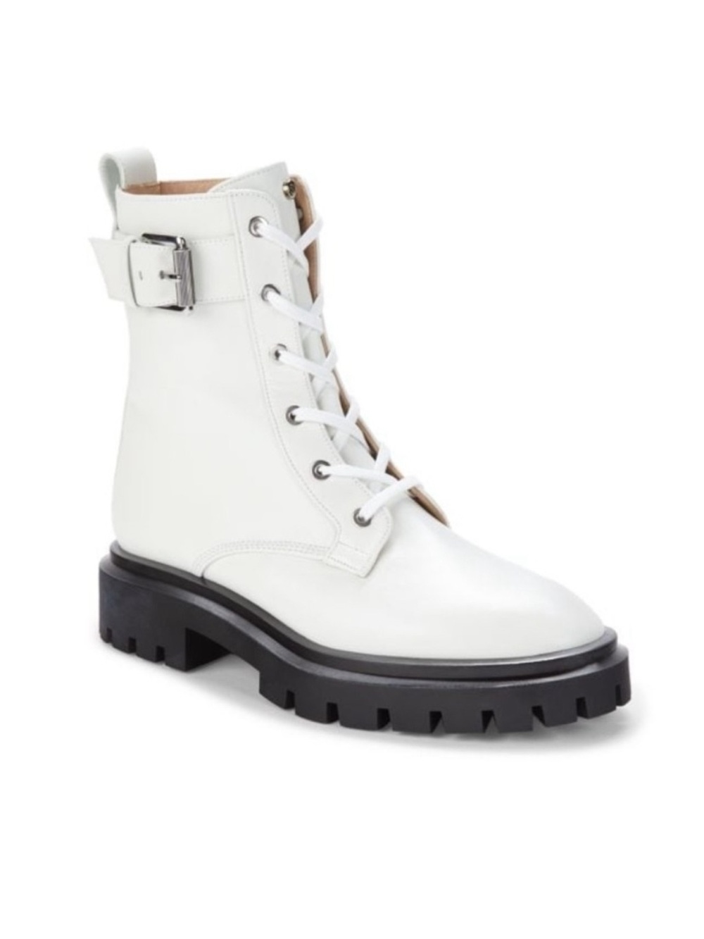 Stuart weitzman ultra lug White Lace-Up Combat Boot with Buckle Detail New